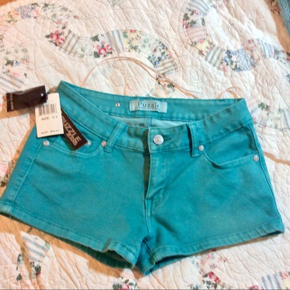 NWT PUZZLE DENIM $98 TEAL CUTOFF JEAN SHORTS 1/2